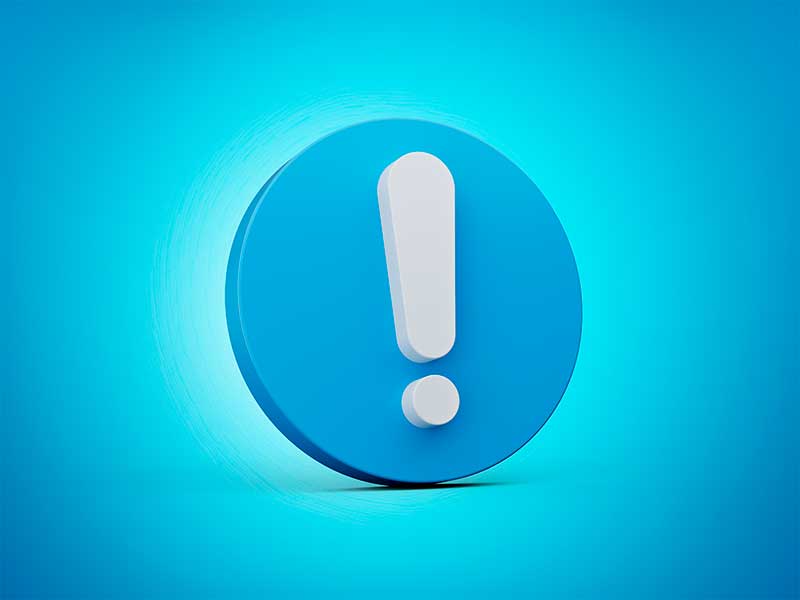 A imagem mostra um ponto de exclamação branco que está dentro de um círculo azul.