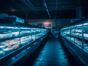 A imagem mostra um ambiente escuro, com dois grandes expositores de alimentos refrigerados que seguem horizontalmente até o fim do corredor. Dentro dessas geladeiras, estão alimentos depositados em bandejas.