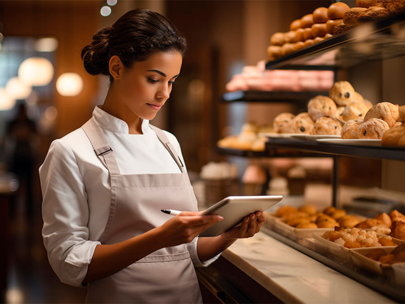 A imagem mostra uma mulher em uma padaria, segurando um tablet e uma caneta.