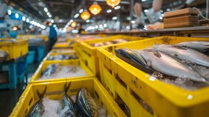 A imagem mostra peixes armazenados em gelo