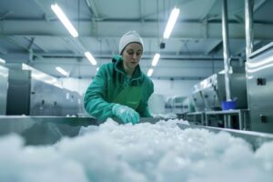 A imagem mostra uma pessoa em uma fábrica de gelo.