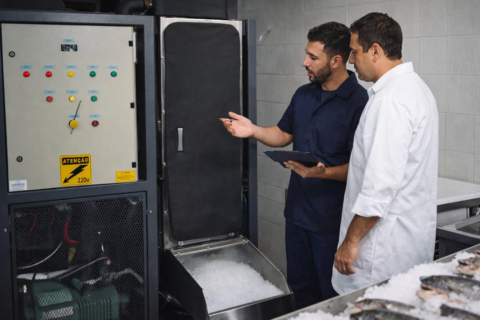 Técnico da Calabria realizando manutenção em máquina de gelo industrial em escama ao lado de funcionário em uma peixaria.