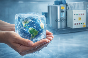 Mãos segurando um cubo de gelo com o planeta Terra dentro, com máquina de gelo industrial Calabria ao fundo em ambiente de produção.