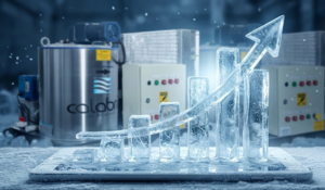 Equipamentos de refrigeração industrial em operação com destaque para eficiência energética e produção de gelo com máquinas Calabria.