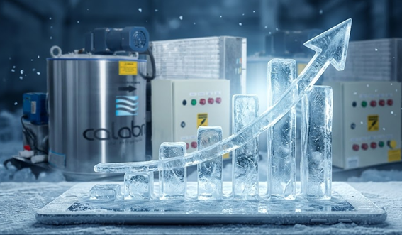 Equipamentos de refrigeração industrial em operação com destaque para eficiência energética e produção de gelo com máquinas Calabria.