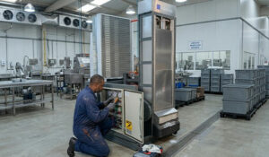 Técnico da Calabria realizando manutenção preventiva em máquina de gelo industrial, verificando componentes elétricos e hidráulicos para garantir operação contínua e segura.