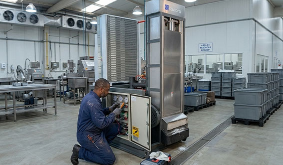 Técnico da Calabria realizando manutenção preventiva em máquina de gelo industrial, verificando componentes elétricos e hidráulicos para garantir operação contínua e segura.