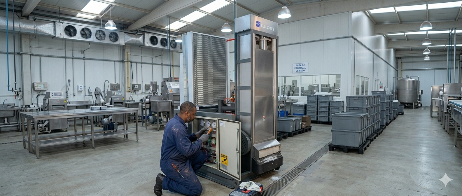 Técnico da Calabria realizando manutenção preventiva em máquina de gelo industrial, verificando componentes elétricos e hidráulicos para garantir operação contínua e segura.