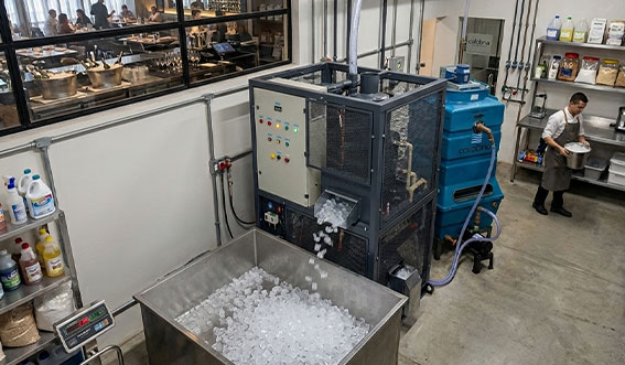 Máquina de gelo industrial da Calabria produzindo gelo em grande volume, ilustrando a economia em relação à compra de gelo de terceiros.