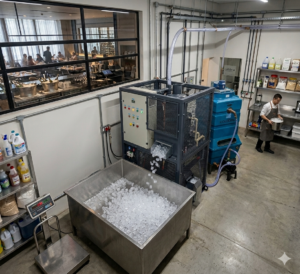 Máquina de gelo industrial da Calabria produzindo gelo em grande volume, ilustrando a economia em relação à compra de gelo de terceiros.