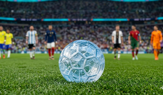 Bola de gelo em destaque no gramado com jogadores de seleções ao fundo, simbolizando como a Copa do Mundo impulsiona a demanda por produção própria de gelo e reforça a importância das máquinas de gelo Calabria para bares, restaurantes e operações de food service.